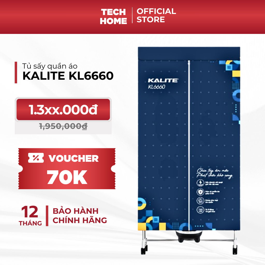 Tủ sấy quần áo 2 tầng Kalite KL6660 công suất 1500W sấy tố đa 15 – 20kg công nghệ sấy khô tĩnh học g