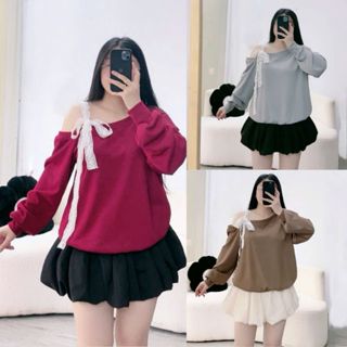 Áo Thun Kiểu Bigsize Nữ Trễ Vai Quyến Rũ Dây Ren Buộc Nơ Tay Dài Bo Gấu Chất Thun Ruby Phom Rộng G176