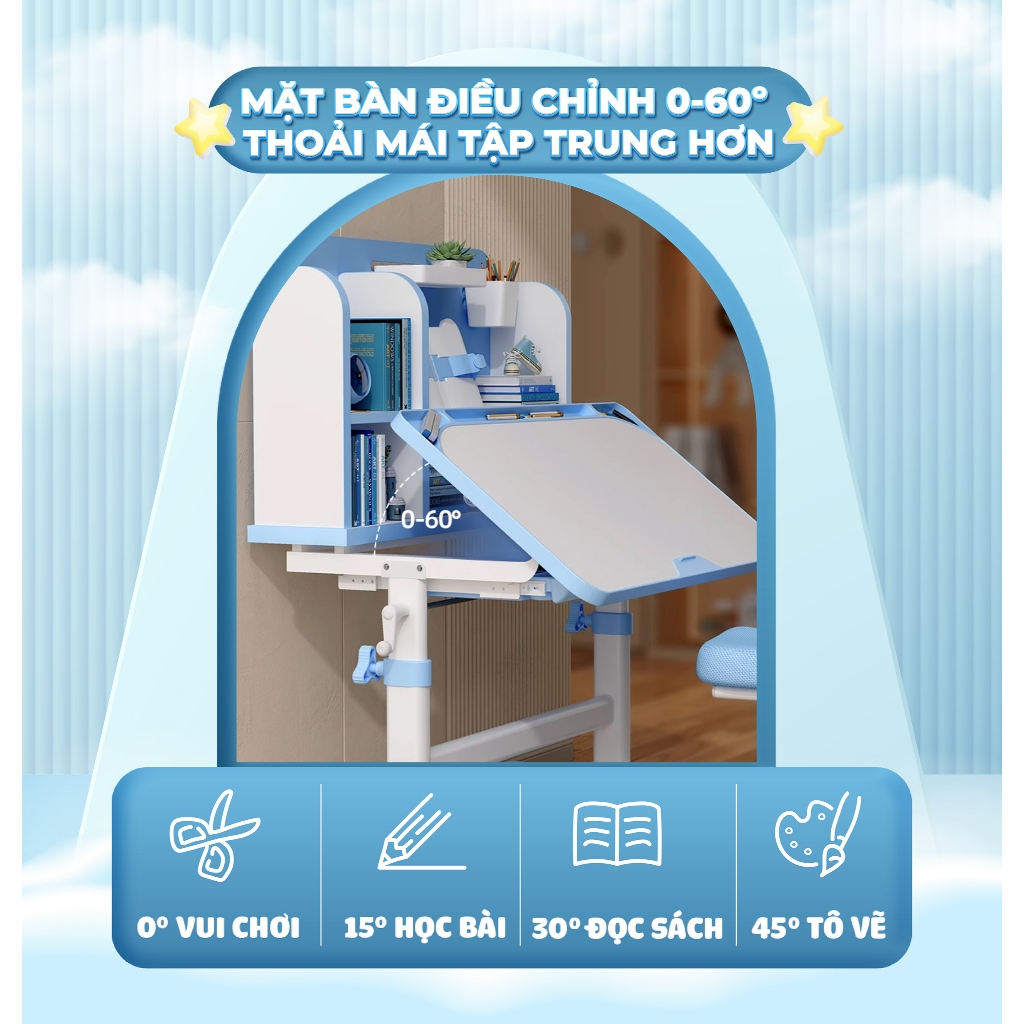 Bộ bàn học chống gù Sakawin A16 Cải Tiến, bàn học cho bé có giá sách, bàn học sinh nâng hạ độ cao | BigBuy360 - bigbuy360.vn