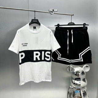 Bộ Đồ Thể Thao Nam Mặc Hè JD In Vạch Chữ Paris Ngang Áo Logo PSG Jumpman Phối Quần Thêu Sọc Viền Cho Anh Em Đi Đám Cưới