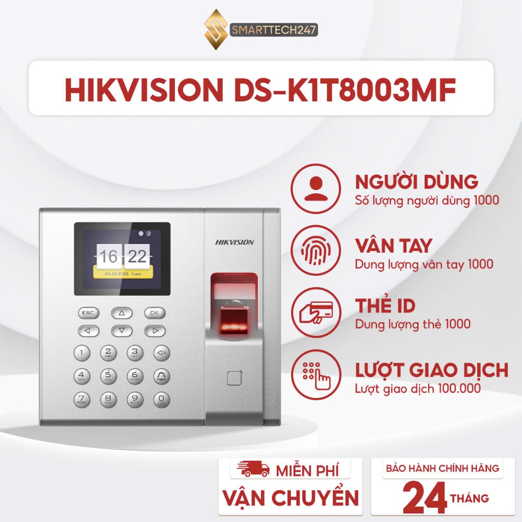 Máy chấm công vân tay Hikvision DS-K1T8003MF