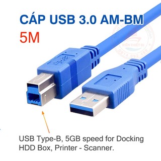  Cáp USB 3.0 AM-BM 5m cho máy tính PC Laptop Kết nối với Type-B máy in scan Camera Camcorder HDD Box 