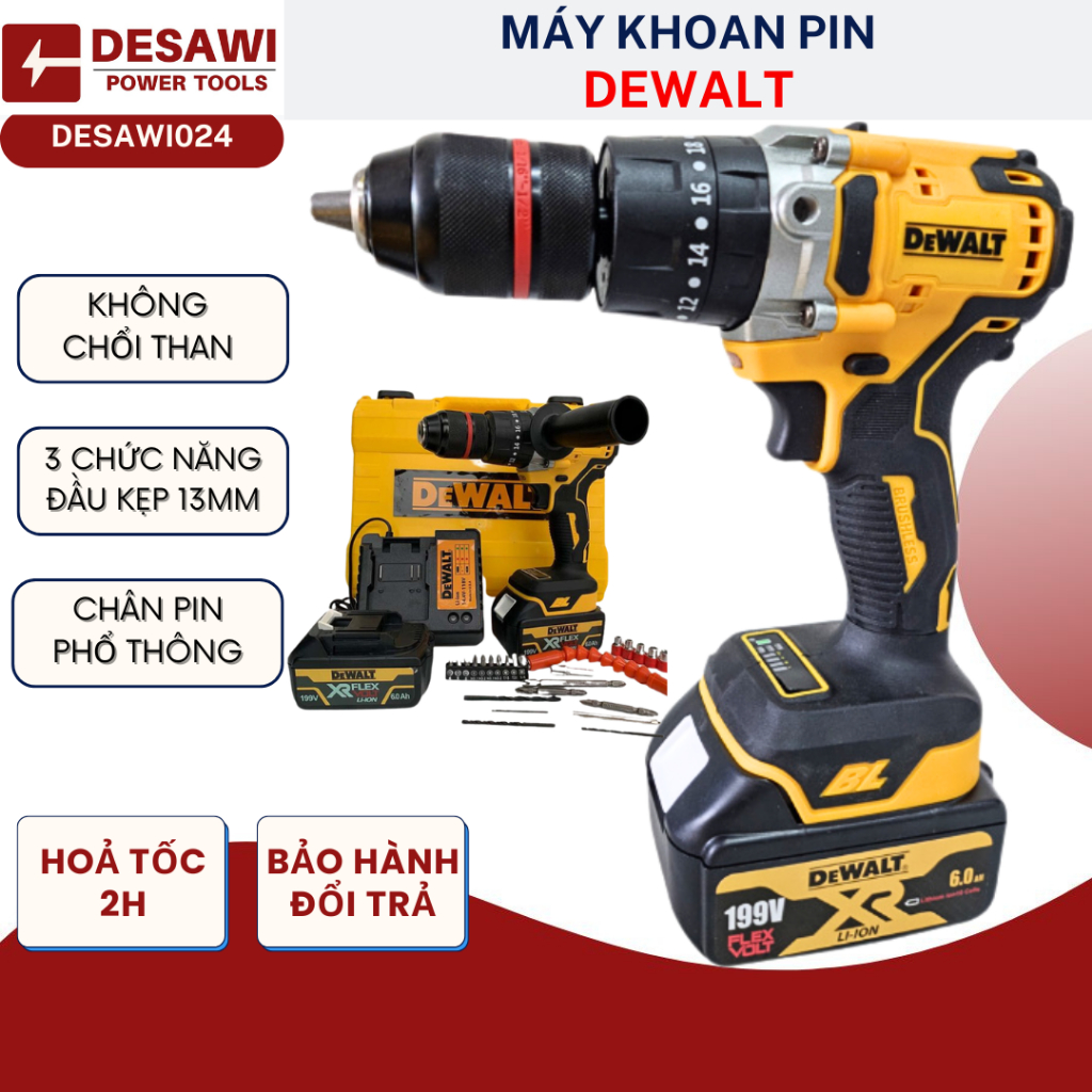 Máy Khoan PI.M Cầm Tay Dewalt Không Chổi Than Có Búa Bắn Vít KHoan Rút Lõi Siêu Khỏe Lõi Đồng 100% DESAWI024
