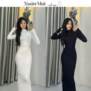  Đầm ôm body nữ cổ lọ tay dài dáng dài 2 màu đen trắng mặc đi chơi đi tiệc chụp ảnh Noel Tết xuanmaishop12 