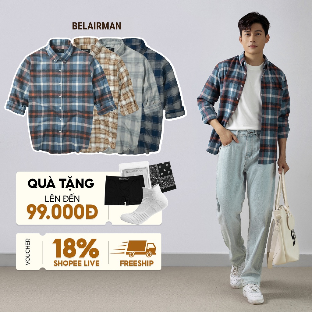 Áo sơ mi nam dài tay CASUAL cổ bẻ hoạ tiết caro sang trọng, chất vải Flanel mềm cao cấp - BELAIRMAN