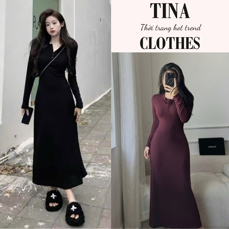 Váy nữ chất len dáng dài ôm body Tina Clothes. đầm nữ dài tay 2 màu tím đem thời trang thanh lịch hcom3304