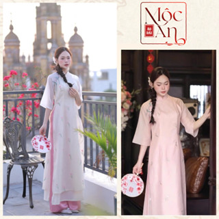 Áo Dài Hoa Nhí Thêu Hoa "Tulip" điểm nhấn. áo vải voan thêu áo may 4 tà - Áo Dài Mộc An