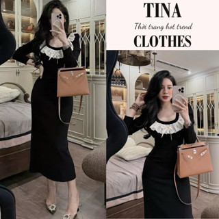 Váy nữ đuôi cá dáng dài ôm body màu đen Tina, đầm nữ dài tay cổ bèo phong cách vintage thanh lịch cao cấp HCOM3303