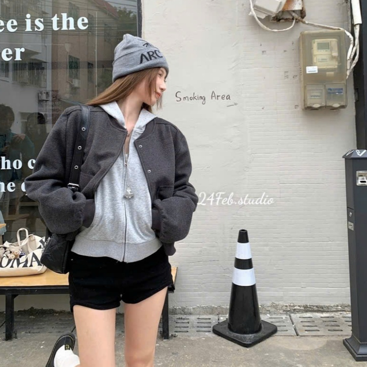 Áo khoác bomber nữ dạ ép cúc bấm phong cách basic Hàn Quốc 24Febstudio KAH39 | BigBuy360 - bigbuy360.vn
