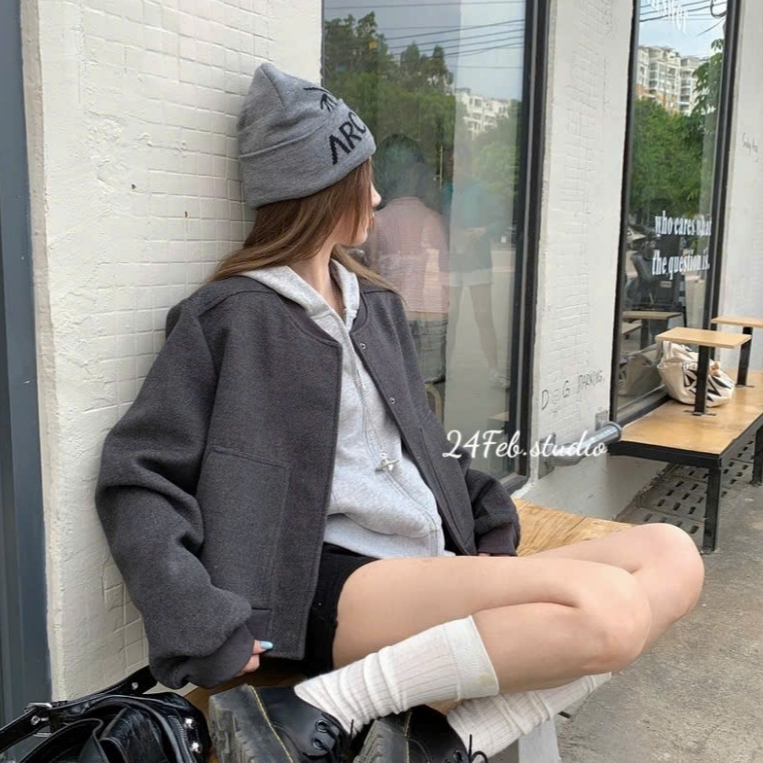 Áo khoác bomber nữ dạ ép cúc bấm phong cách basic Hàn Quốc 24Febstudio KAH39 | BigBuy360 - bigbuy360.vn