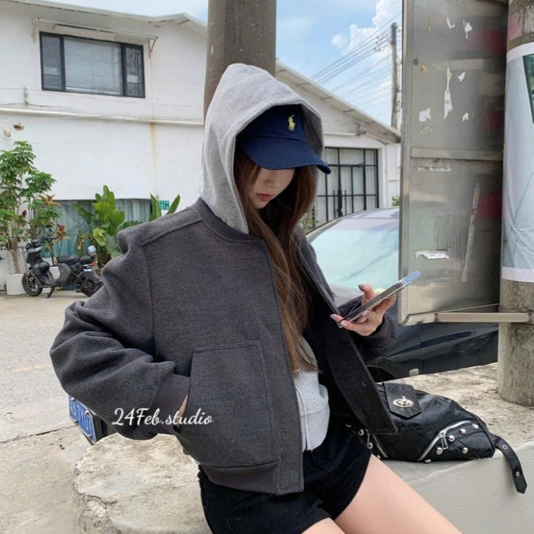 Áo khoác bomber nữ dạ ép cúc bấm phong cách basic Hàn Quốc 24Febstudio KAH39 | BigBuy360 - bigbuy360.vn