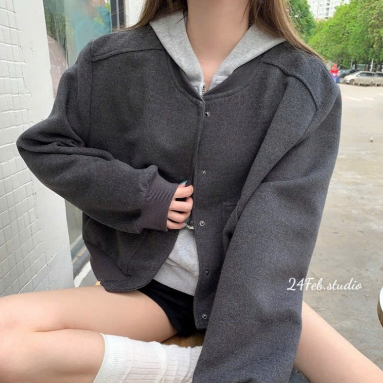 Áo khoác bomber nữ dạ ép cúc bấm phong cách basic Hàn Quốc 24Febstudio KAH39 | BigBuy360 - bigbuy360.vn