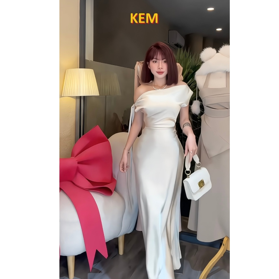 SHELLA DRESS | Đầm lụa lệch vai, chất phi lụa size S M L may 2 lớp form chuẩn thiết kế | BigBuy360 - bigbuy360.vn