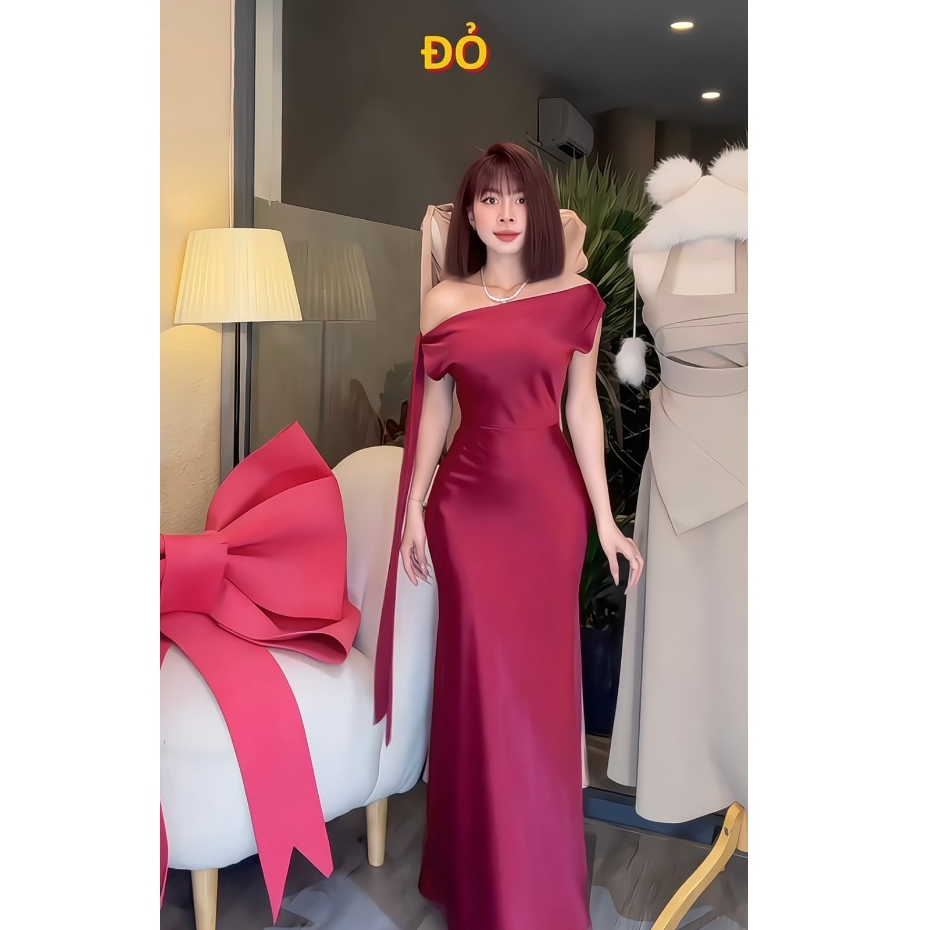 SHELLA DRESS | Đầm lụa lệch vai, chất phi lụa size S M L may 2 lớp form chuẩn thiết kế | BigBuy360 - bigbuy360.vn