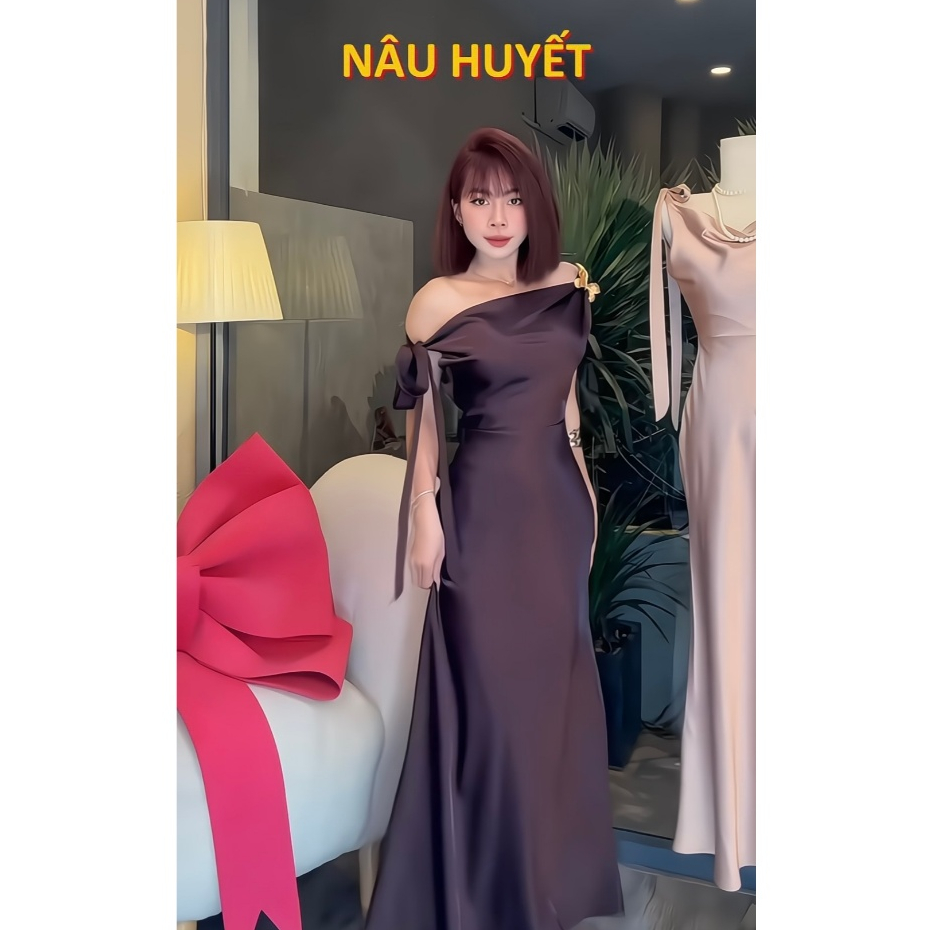SHELLA DRESS | Đầm lụa lệch vai, chất phi lụa size S M L may 2 lớp form chuẩn thiết kế | BigBuy360 - bigbuy360.vn