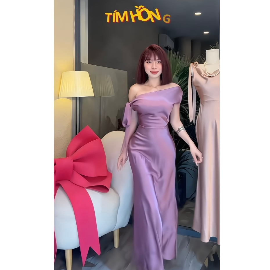 SHELLA DRESS | Đầm lụa lệch vai, chất phi lụa size S M L may 2 lớp form chuẩn thiết kế | BigBuy360 - bigbuy360.vn