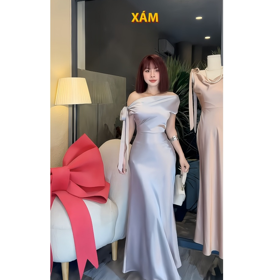 SHELLA DRESS | Đầm lụa lệch vai, chất phi lụa size S M L may 2 lớp form chuẩn thiết kế | BigBuy360 - bigbuy360.vn