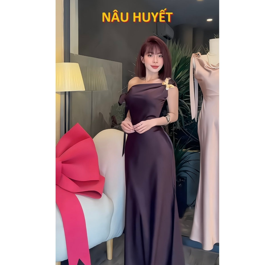 SHELLA DRESS | Đầm lụa lệch vai, chất phi lụa size S M L may 2 lớp form chuẩn thiết kế | BigBuy360 - bigbuy360.vn