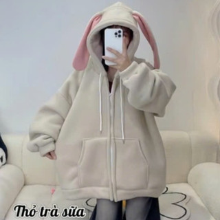 Áo Khoác Nỉ Tai Thỏ Hồng , Áo Hoodie zip chất nỉ bông mũ trùm 2 lớp form rộng unisex cực xinh cực hot 2025
