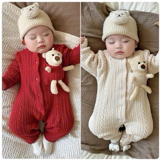  Bộ body len gân siêu ấm tặng kèm gấu cực yêu cho bé   không kèm mũ   
