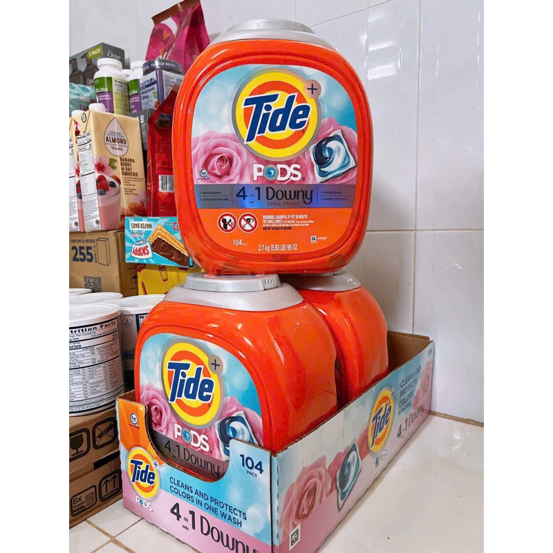 [ Mẫu Mới ]  Viên giặt xả quần áo Tide Pods Downy 4 in 1 April Fresh loại 104 viên Mỹ.