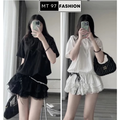 SET ÁO CỔ TRÒN PHỐI REN THẮT NƠ EO KÈM ĐAI NGỌC MIX CHÂN VÁY XÒE MT97