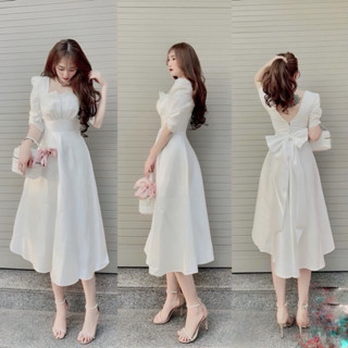 [Shop bigsize nữ 50kg đến 90kg] Đầm nữ dài ĐÍNH NƠ LƯNG đi tiệc cưới màu trắng, vàng, đỏ, đen - D55_Nơ