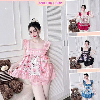 Đồ Bộ Nữ Mặc Nhà, Set Chất Lụa Xước Loại 1 Tay Cánh Tiên Viền Bèo Lai Quần Đùi Size 45-65kg-AT shop