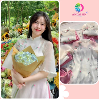 Áo dài cách tân von tơ mềm thêu hoa tulip tay lỡ cách điệu duyên dáng - Áo Dài Sen