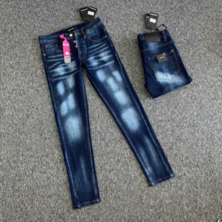 Quần jean bò nam Dsq slimfit trơn wash xanh bạc loang dập nhăn 3D tag mác hồng 4 cúc basic boy phố