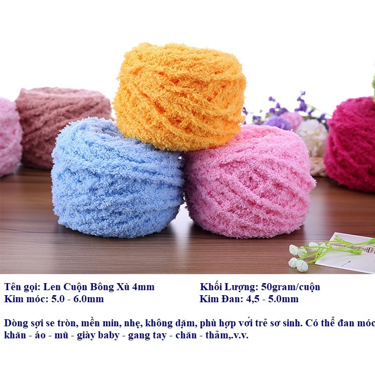 [50gr] Len Bông Xù, Len Xù 3 Sợi Chập, Len cuộn đan móc thủ công handmade