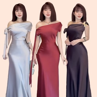 SHELLA DRESS | Đầm lụa lệch vai, chất phi lụa size S M L may 2 lớp form chuẩn thiết kế