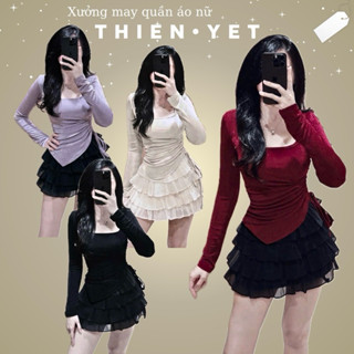 Áo thun kiểu RÚT DÂY VẠT XÉO tay dài cổ VUÔNG UN TĂM LẠNH nữ đi học đi chơi đi làm siêu xinh - Thiên Yết