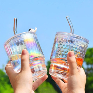 Cốc cầu Vòng, Ly Thủy Tinh Có Ống Hút  Kèm Nắp Đậy Dung Tích 400ml Phong Cách Hàn Quốc  Hot Trend Của Năm