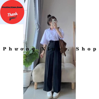 Quần Tây Ống Rộng Đi Học Nữ 1 2 Cúc ❤️ PhươngXinh.Shop❤️ Lưng Cao Suông Khóa Giữa Màu Đen Vải Tuyết Mưa Tôn Dáng