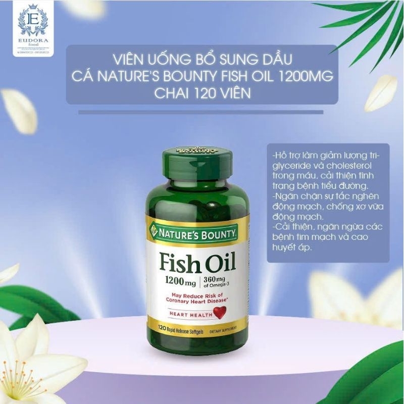Viên uống bổ sung dầu cá Nature's Bounty Fish Oil 1200mg, Chai 12 viên Hỗ trợ làm giảm lượng triglyc
