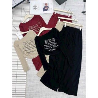 Sét bộ đồ len lông thỏ hàng tàu đẹp in chữ dài tay áo ôm lệch vai quần suông