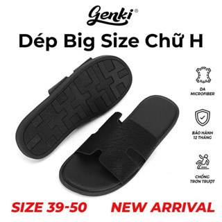 Dép Nam Big Size Chữ H GENKI Quai Da Cao Cấp Màu Full Đen Đế Bằng Cao Su - Dép H