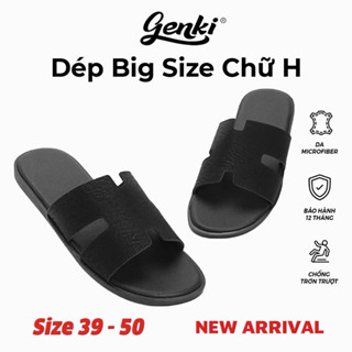Dép Nam Big Size Chữ H GENKI Quai Da Cao Cấp Màu Đen Full Đế Bằng Cao Su - Dép H