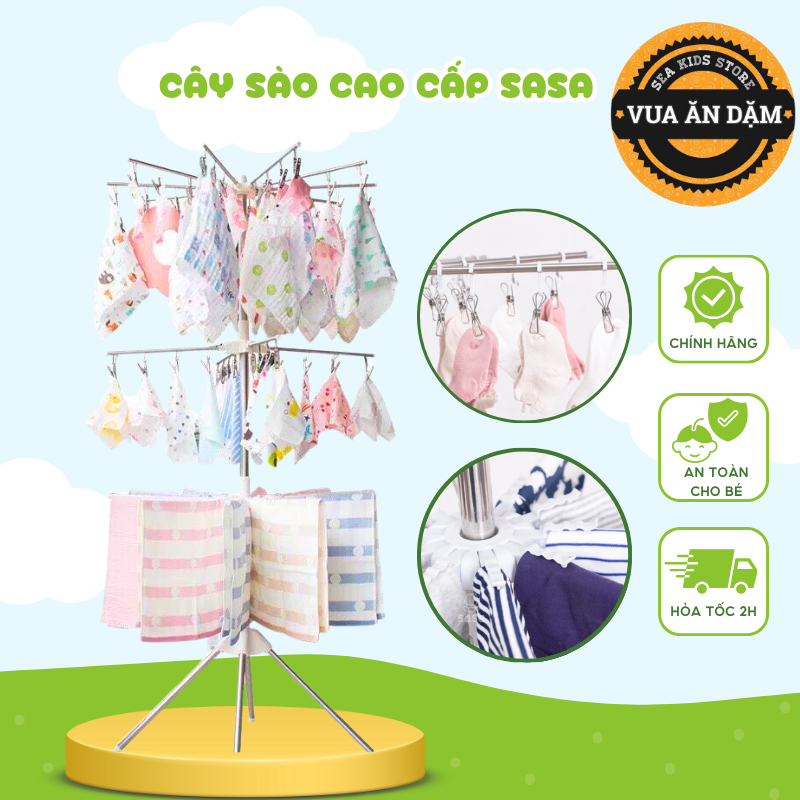 Cây sào phơi đồ Inox thông minh gấp gọn đa năng 3 tầng 60 kẹp, treo đồ cho bé (Hàng Cao Cấp SaSa / UMOO)