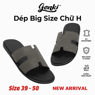  Dép Nam Big Size Chữ H GENKI Quai Da Cao Cấp Màu Xám Đế Bằng Cao Su - Dép H 