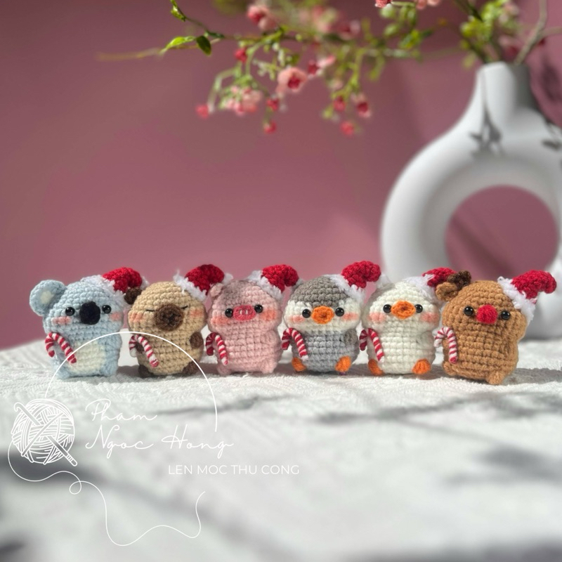Móc khoá thú noel, lợn | vịt | gấu koala | tuần lộc | capybara | cánh cụt len, len móc thủ công