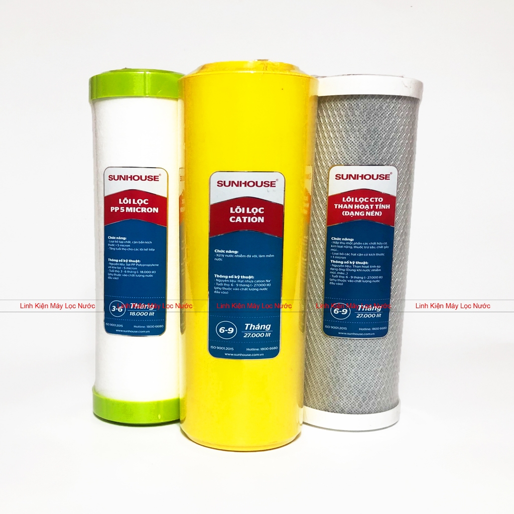 Bộ 3 lõi lọc nước 123 Cation Sunhouse lọc nước nhiễm phèn, đá vôi, clo,...