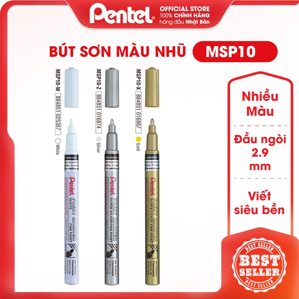 Bút Sơn Pentel Nhật Bản | Ngòi bút nét 2.9mm, 1 đầu, 03 màu mực xám / trắng / nhũ đồng | MSP10