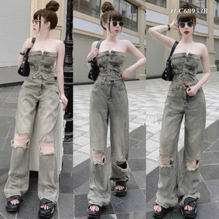  Set bộ jeans Quảng Châu áo cúp ngực gài nút quần dài ống rộng rách gối thời trang cá tính năng động 