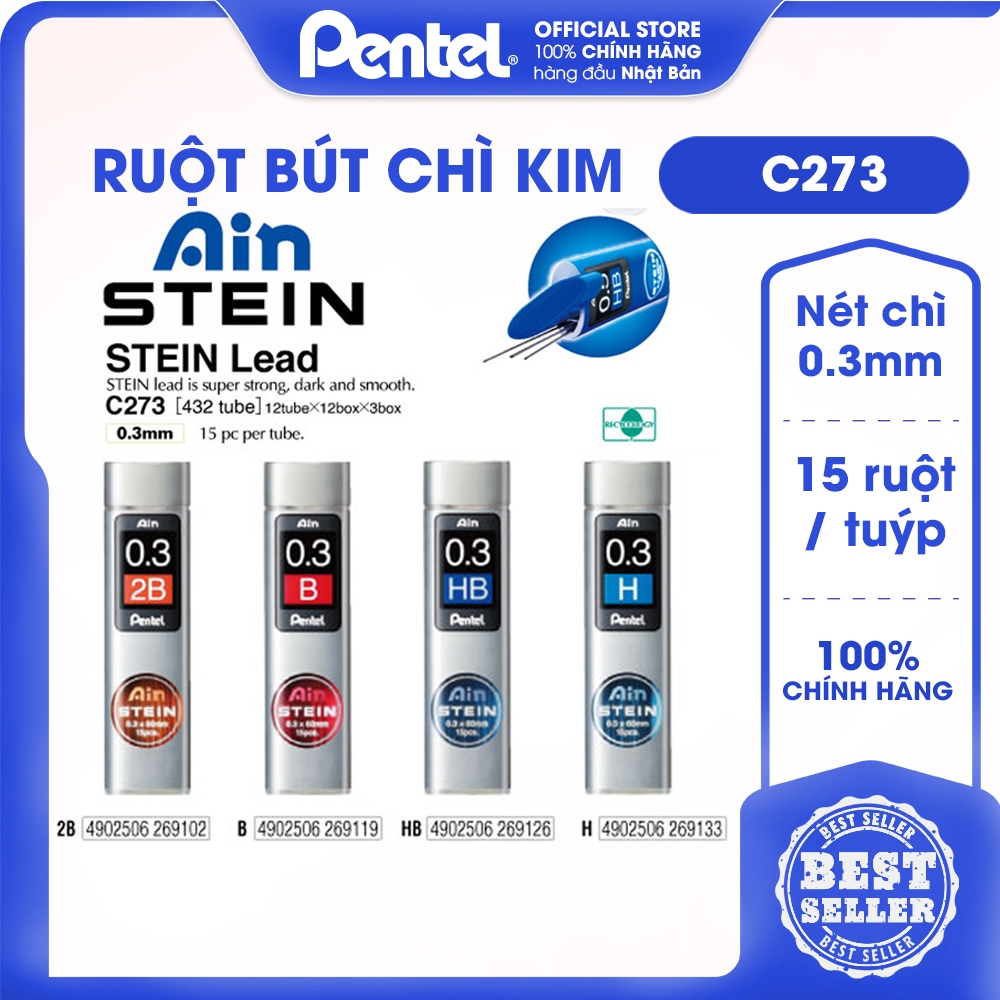 Ruột chì kim Pentel Nhật Bản | Nét 0.3mm, độ chì 2B, HB, 15 ruột/tuýp - dòng cao cấp | C273