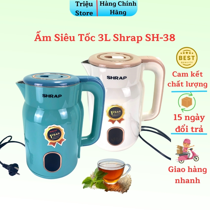 Ấm siêu tốc Shrap Model SH-38 Dung tích 3L Công suất 1500w Có tự ngắt khi sôi An toàn và Tiết kiệm