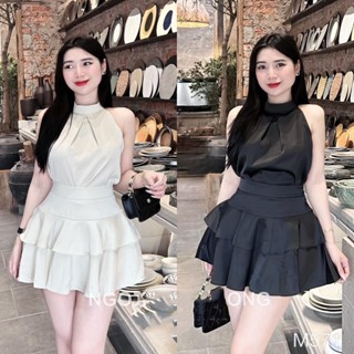  Sét chân váy xòe xếp tầng và áo cổ yếm freesize vải lụa có lót trong hai màu trắng kem đen L115T 