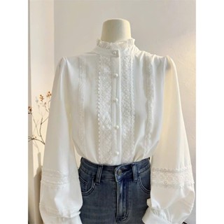 【Sẵn Áo sơ mi nữ cổ bèo tay phồng màu trắng phối ren chất liệu mềm mịn phong cách trẻ trung