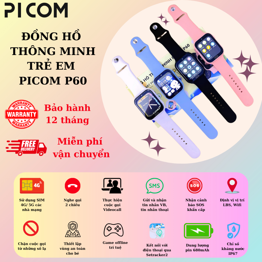 Đồng Hồ Thông Minh Định Vị Trẻ Em PICOM P60 Lắp Sim 4G Nghe Gọi Độc Lập